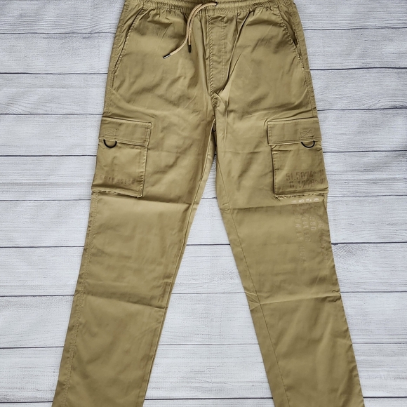 Men's Tan Cargo Pants Tapered Fit And Elastic Waitband - Picture 4 of 15